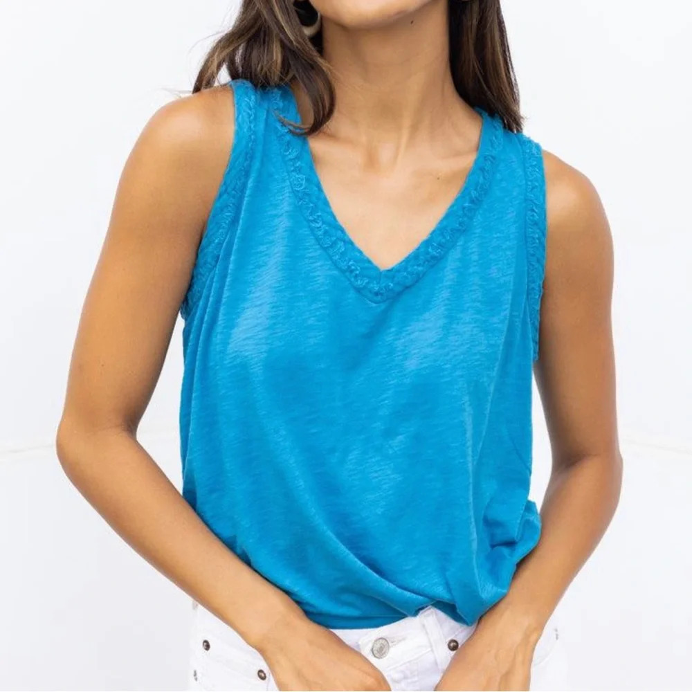 Michael Stars V-Neck Tank Top Women’s 2X Island Blue Cotton Slub Casual Classic